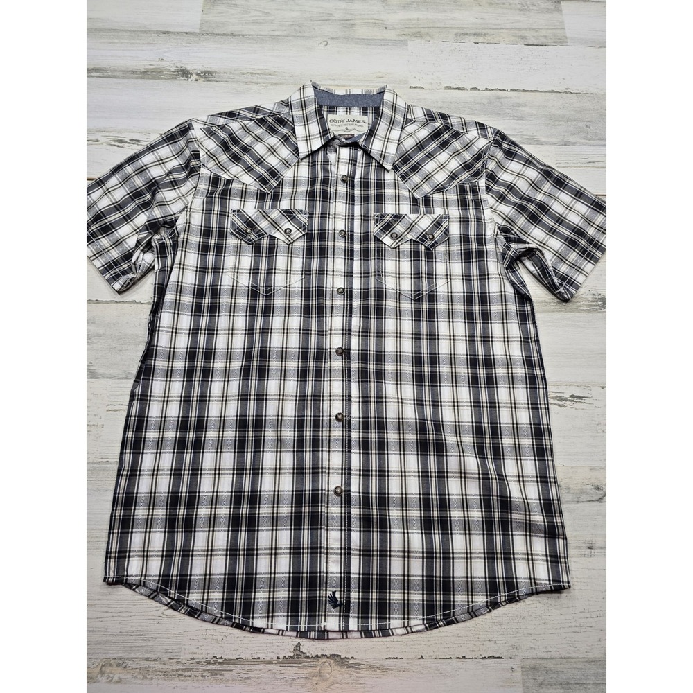Cody‎ James Mens Western Plaid Short Sleeve Pearl Snap Shirt Black White Small